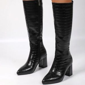 black croc knee boots leather